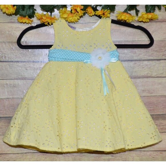 NWT Blueberi Boulevard Girls 12M Yellow Eyelet Lace Dress Plaid Belt with Daisy - Picture 1 of 12